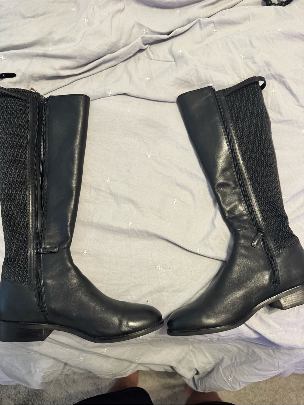 Cole Haan Black Leather Knit-Back Knee Boots